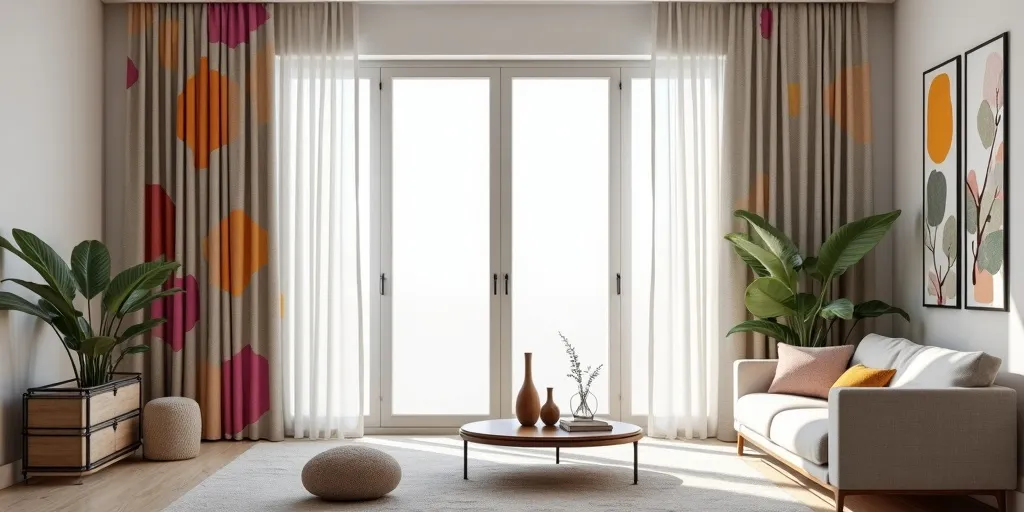 How do curtain colors and patterns impact a living room's decor?