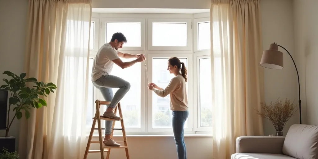 Why is it important to have someone assist when hanging eyelet curtains on a bay window?
