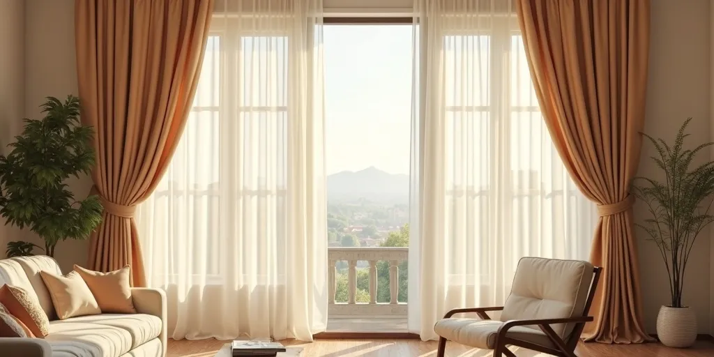 Why is it important to use tie-backs or holdbacks when arranging curtains in a living room?