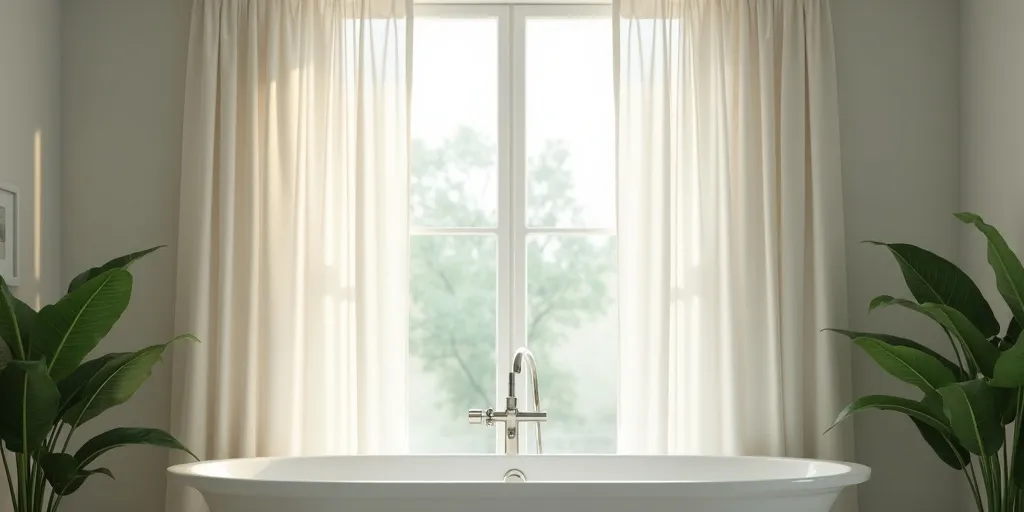 What is a technique to get rid of creases by hanging curtains in a steamy bathroom?