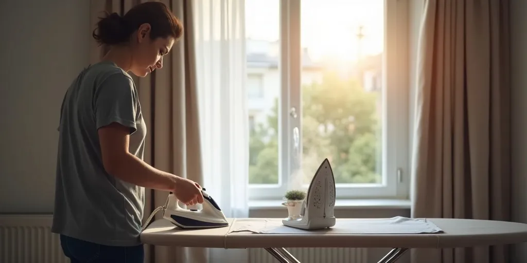 How can ironing on a low heat setting help remove stubborn creases from blackout curtains?