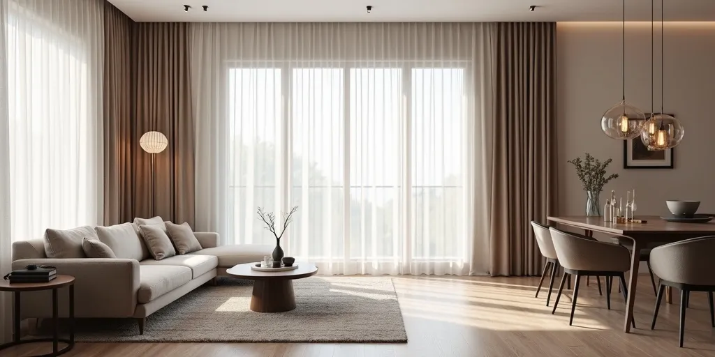 What techniques can be used to divide living and dining rooms with curtains?