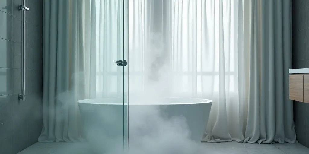 How does steam from a hot shower in a bathroom assist in getting wrinkles out of blackout curtains?