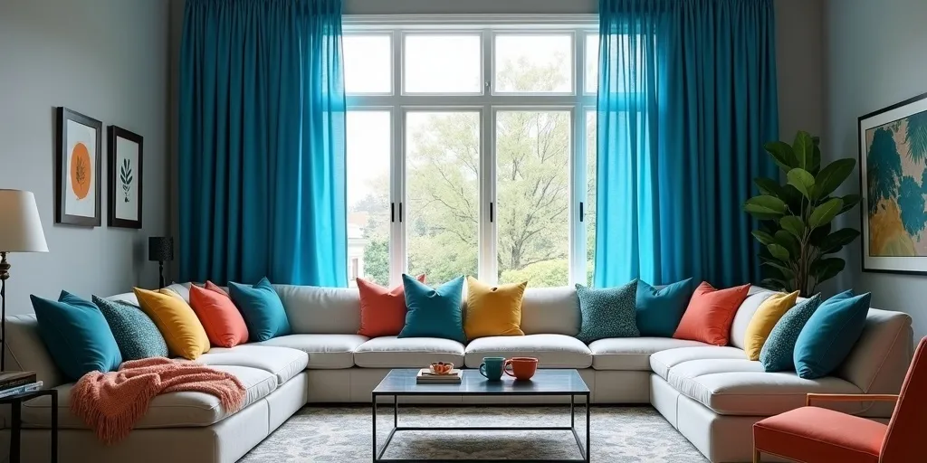 How can curtains in a bold hue complement existing colors in a living room?