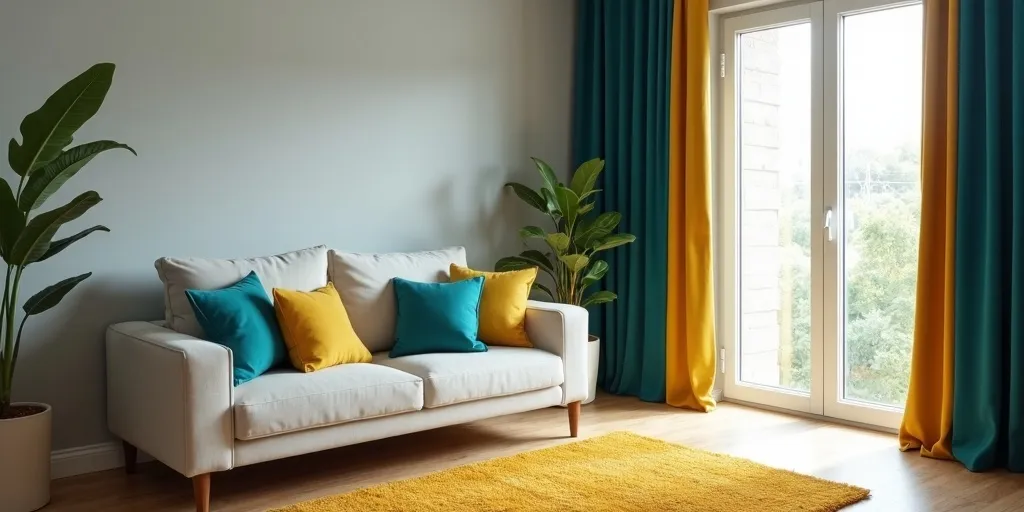 How can curtains complement the color scheme of a living room?