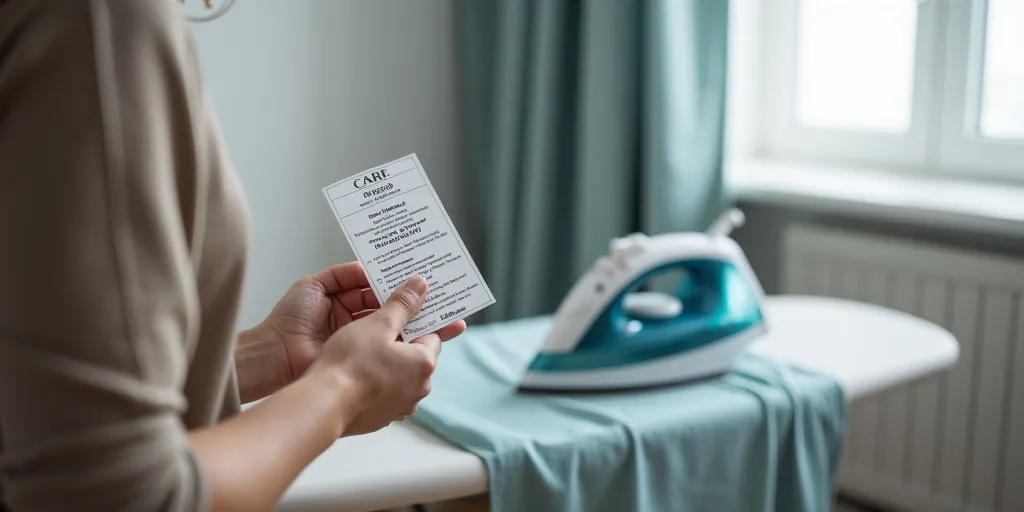 Why is it important to check the care label before ironing blackout curtains?