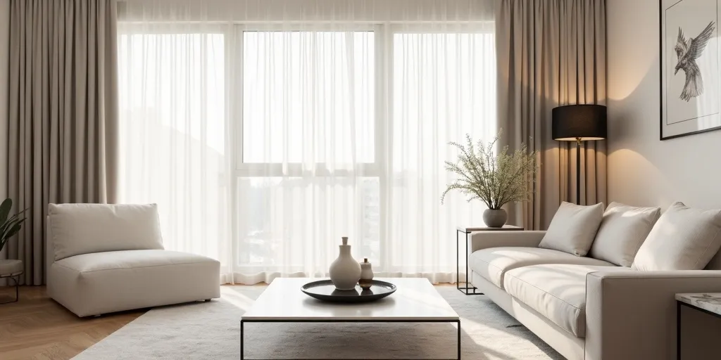 How can curtains in neutral colors enhance a living room's elegance?