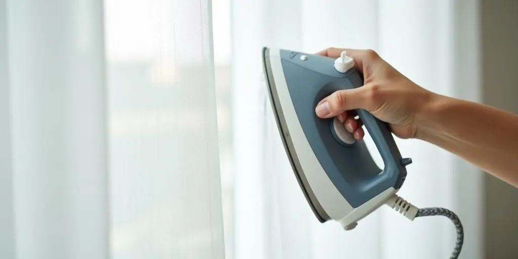 What is the process of using a clothes iron on a low heat setting to remove wrinkles from sheer curtains?