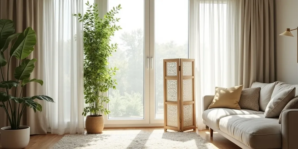 What decorative options can be used behind sheer curtains for added privacy?