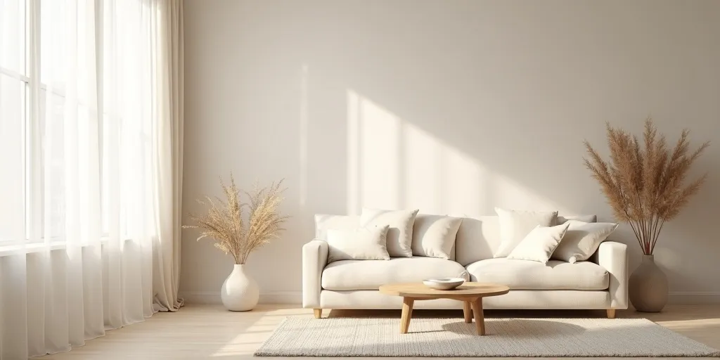 What effect do soft neutral tones have on a space with sheer curtains?