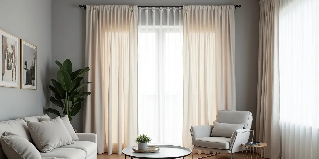 How can curtains in white, cream, or silver enhance grey walls?