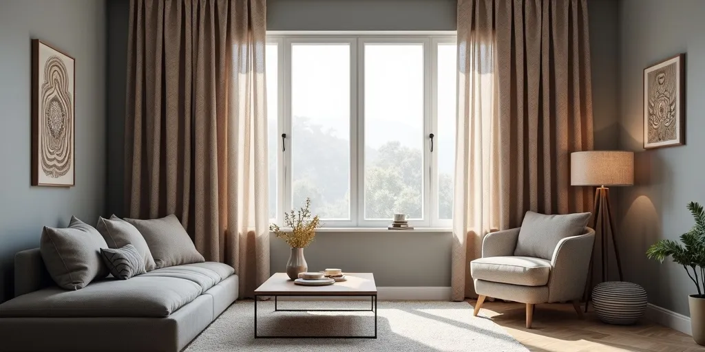 Why are patterned curtains a good choice for grey walls in a living room?