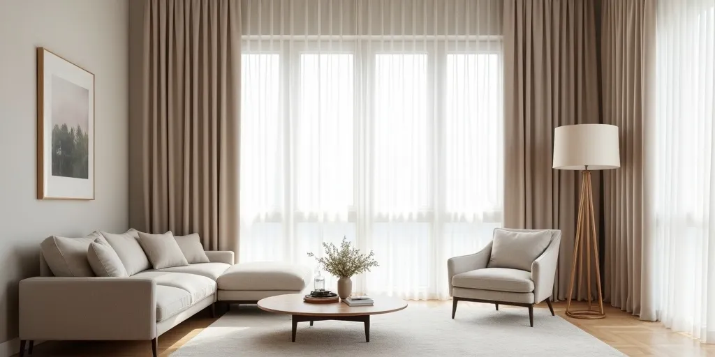 Which neutral colors are recommended for curtains in a living room?