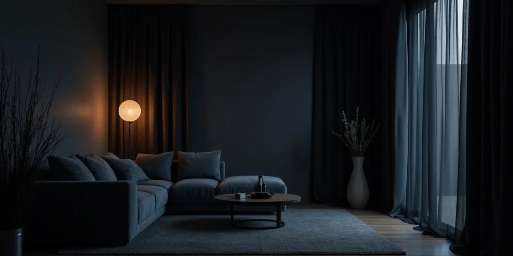 How do darker curtain colors influence the mood in a living room?