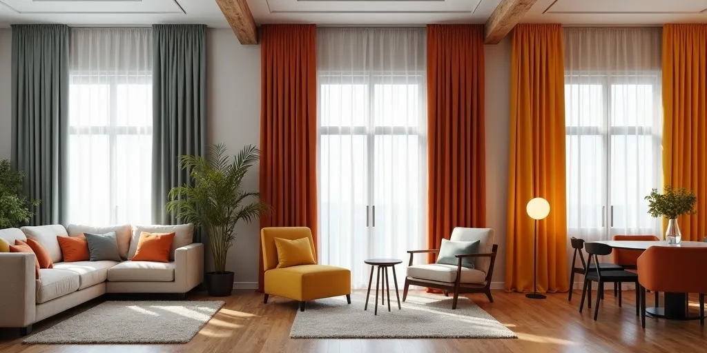 Why is it important to balance the style and color scheme of curtains in different rooms?