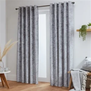 Crushed Velvet Fully Lined Ready Made Eyelet Curtains (Silver - Grey)