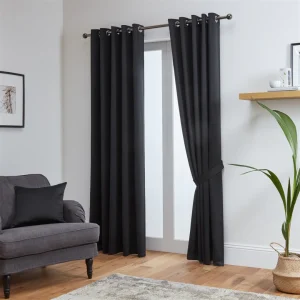 Thermal Blackout Ready Made Eyelet Curtains + Tie Backs (Black)