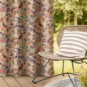 Indian Pattern Outdoor Curtains Birds with Flowers Beige